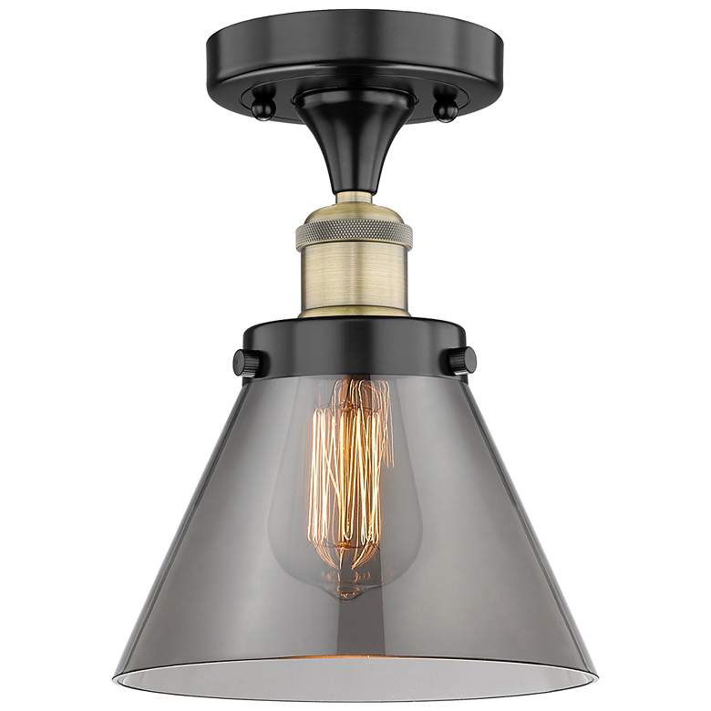 Image 1 Cone 7.75"W Black Antique Brass Semi.Flush Mount w/ Smoke Glass Shade