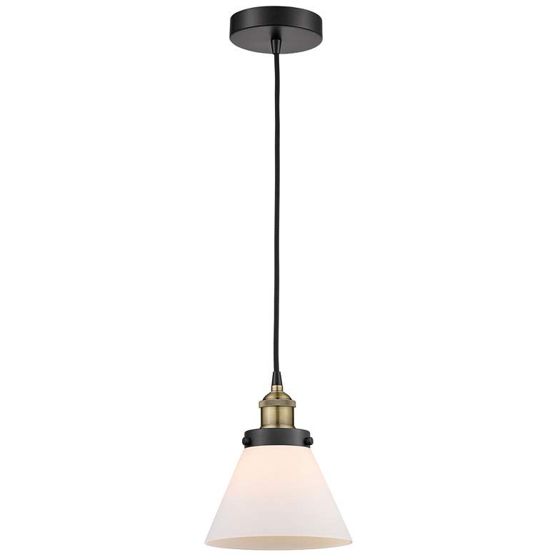 Image 1 Cone 7.75"W Black Brass Corded Mini Pendant w/ Matte White Shade