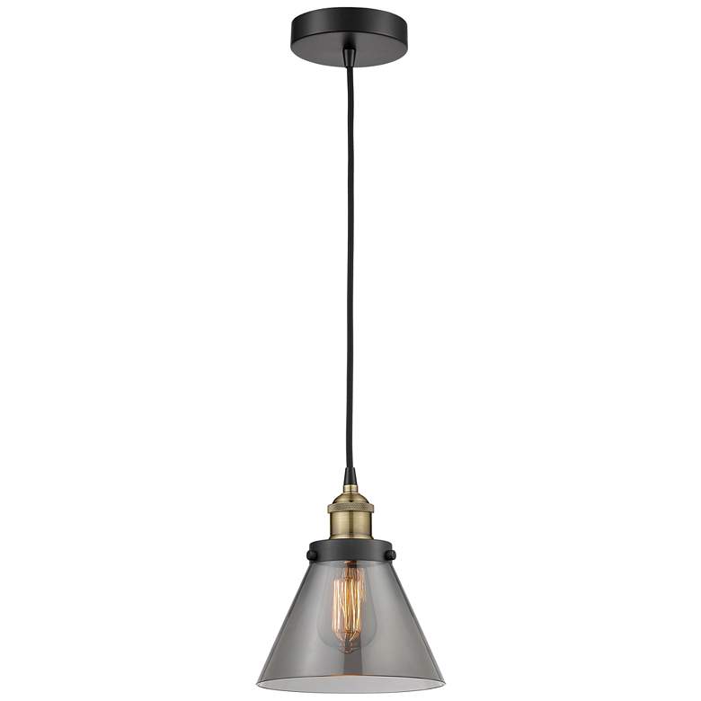 Image 1 Cone 7.75"W Black Brass Corded Mini Pendant w/ Plated Smoke Shade