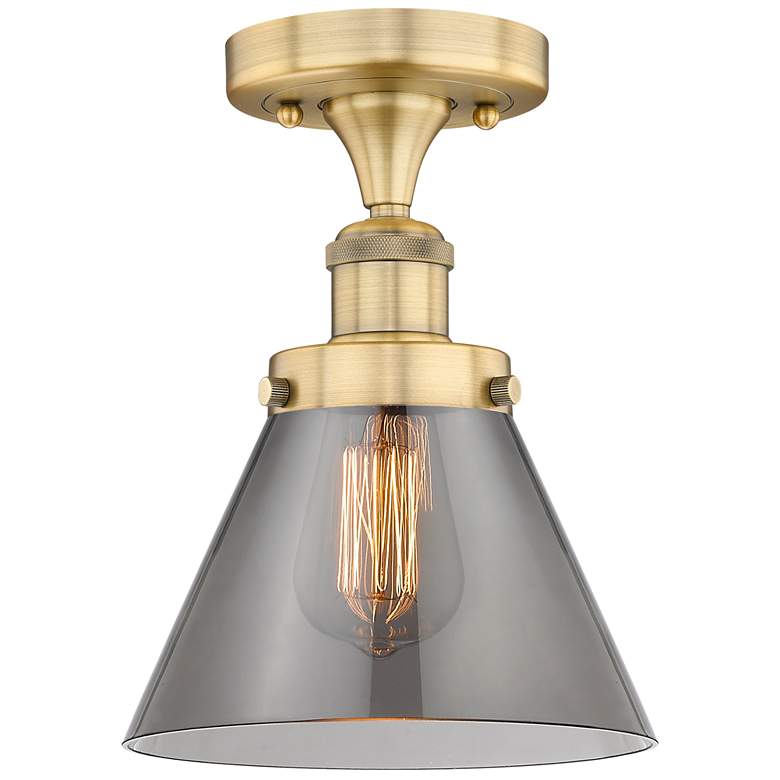 Image 1 Cone 7.75"W Brushed Brass Semi.Flush Mount With Plated Smoke Glass Sha