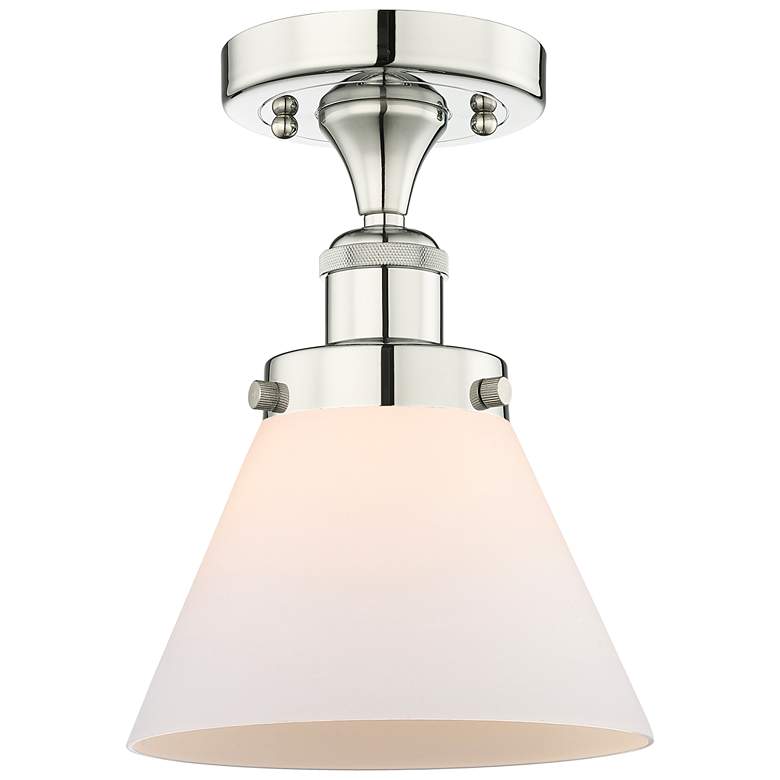 Image 1 Cone 7.75"W Polished Nickel Semi.Flush Mount With Matte White Glass Sh