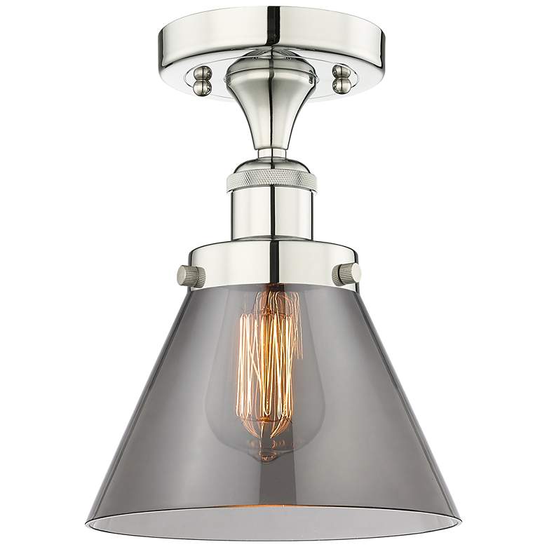 Image 1 Cone 7.75 inchW Polished Nickel Semi.Flush Mount With Plated Smoke Glass S