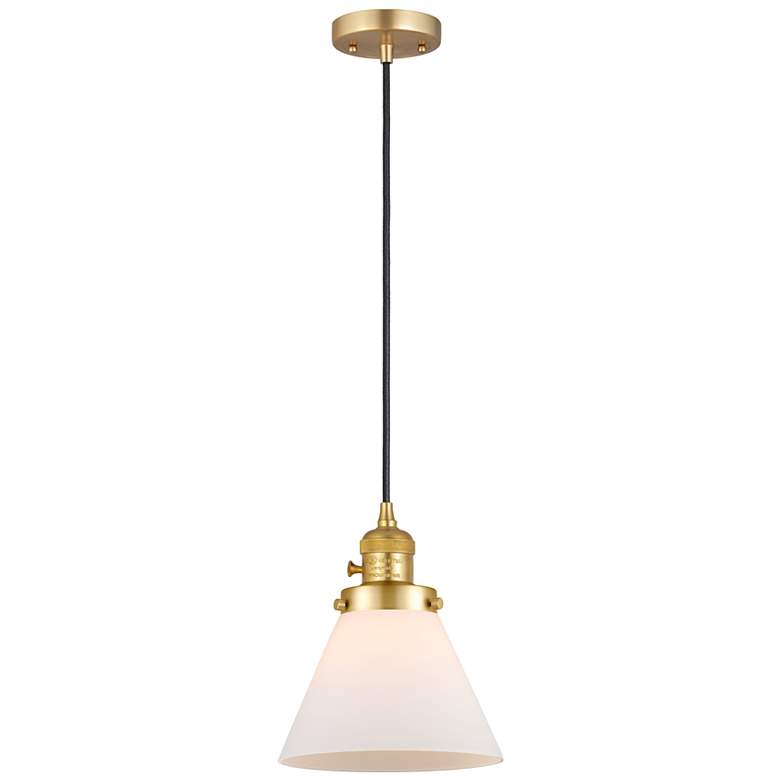 Image 1 Cone 7 3/4" Wide Satin Gold and White Glass LED Mini Pendant