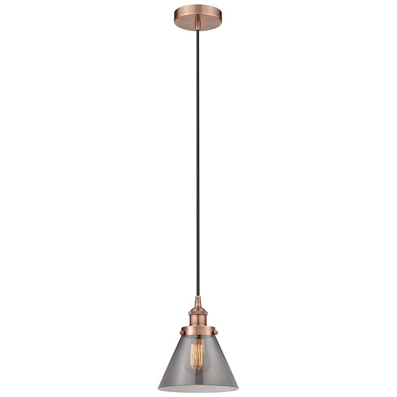 Image 1 Cone 7 3/4"W Antique Copper Mini Pendant with Smoke Glass