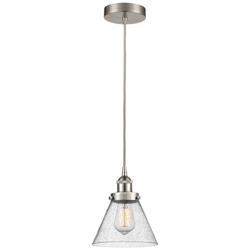 Cone 7 3/4"W Brushed Nickel and Seedy Glass LED Mini Pendant