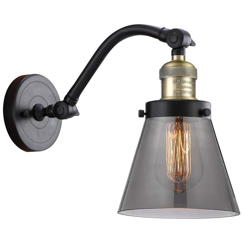Image 1 Cone 7" Black Antique Brass Sconce w/ Plated Smoke Shade