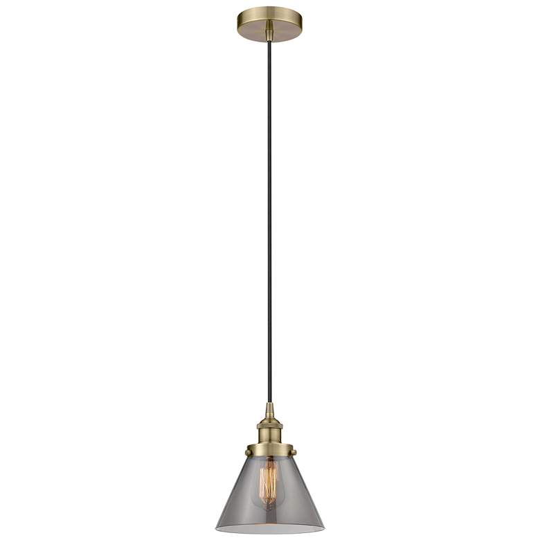 Image 1 Cone 8" Antique Brass Mini Pendant w/ Plated Smoke Shade