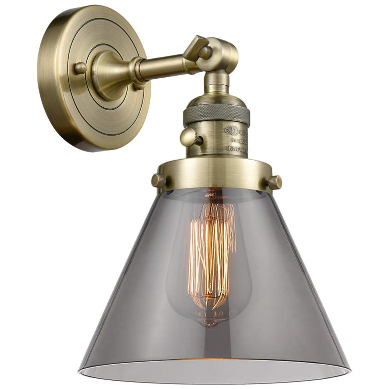 Image 1 Cone 8" Antique Brass Sconce w/ Plated Smoke Shade