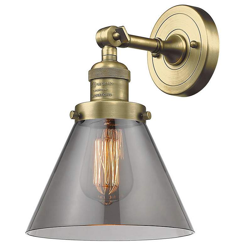 Image 1 Cone 8" Antique Brass Sconce w/ Plated Smoke Shade