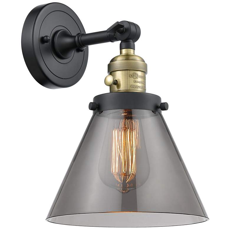 Image 1 Cone 8" Black Antique Brass Sconce w/ Plated Smoke Shade