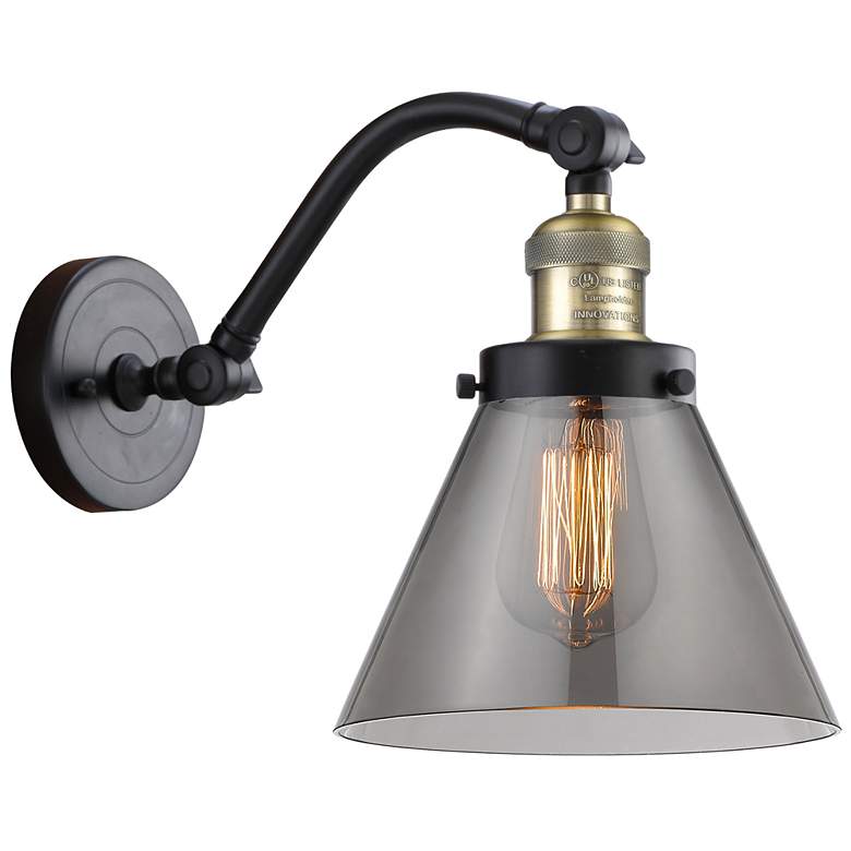 Image 1 Cone 8" Black Antique Brass Sconce w/ Plated Smoke Shade