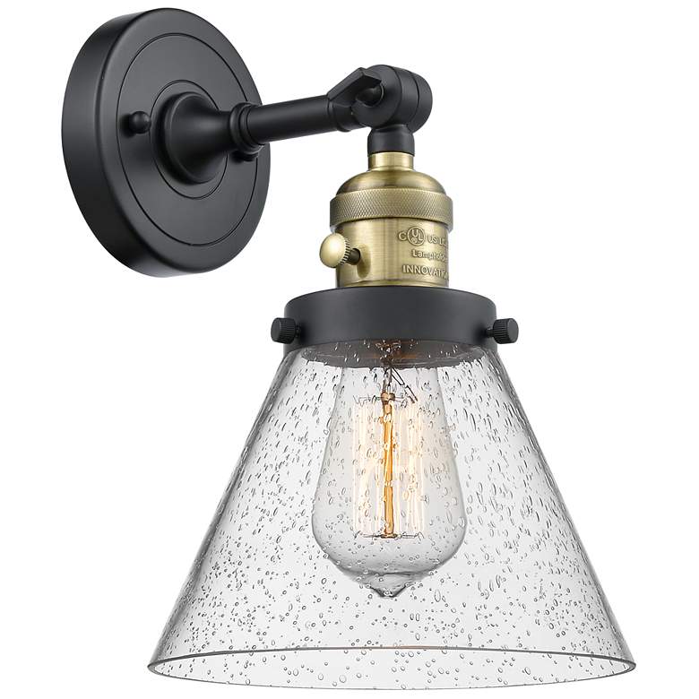 Image 1 Cone 8" Black Antique Brass Sconce w/ Seedy Shade