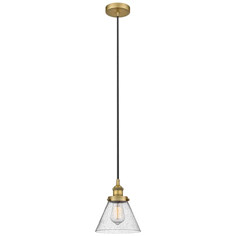Image 1 Cone 8" Brushed Brass Mini Pendant w/ Seedy Shade