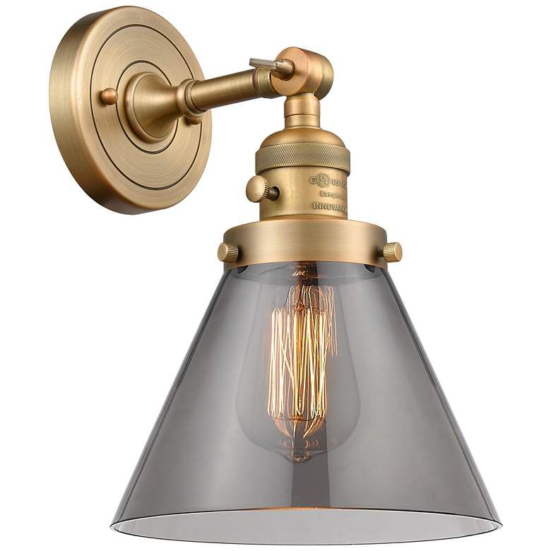 Image 1 Cone 8" Brushed Brass Sconce w/ Plated Smoke Shade
