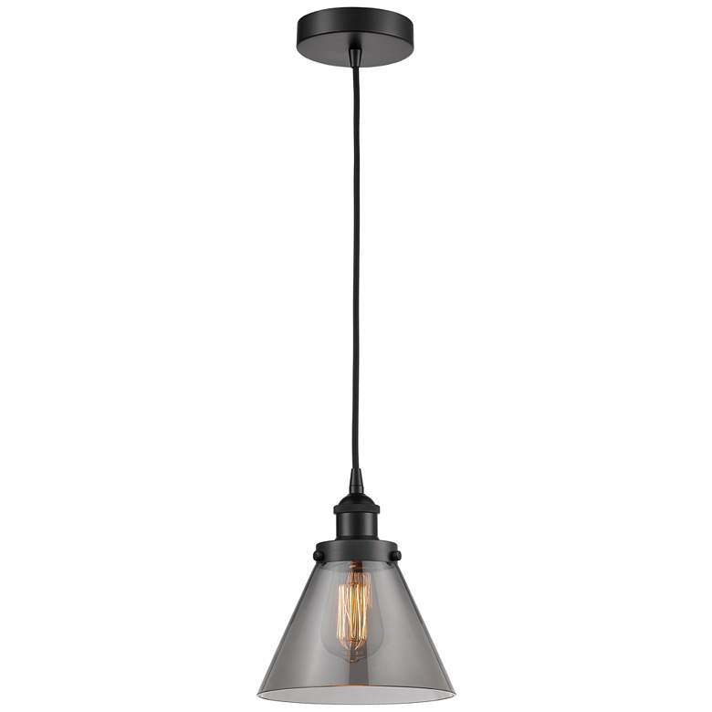 Image 1 Cone 8" Matte Black Mini Pendant w/ Plated Smoke Shade