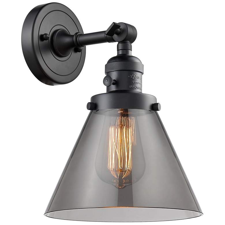 Image 1 Cone 8" Matte Black Sconce w/ Plated Smoke Shade