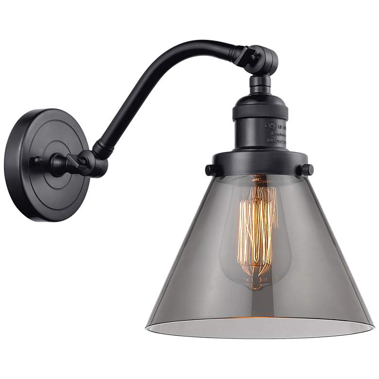 Image 1 Cone 8" Matte Black Sconce w/ Plated Smoke Shade