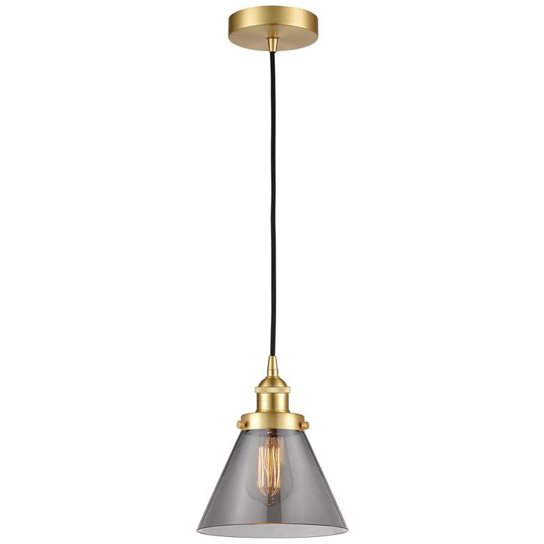 Image 1 Cone 8" Satin Gold Mini Pendant w/ Plated Smoke Shade