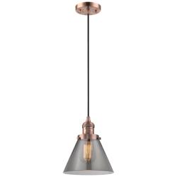Cone 8" Wide Antique Copper Mini Pendant with Plated Smoke Glass