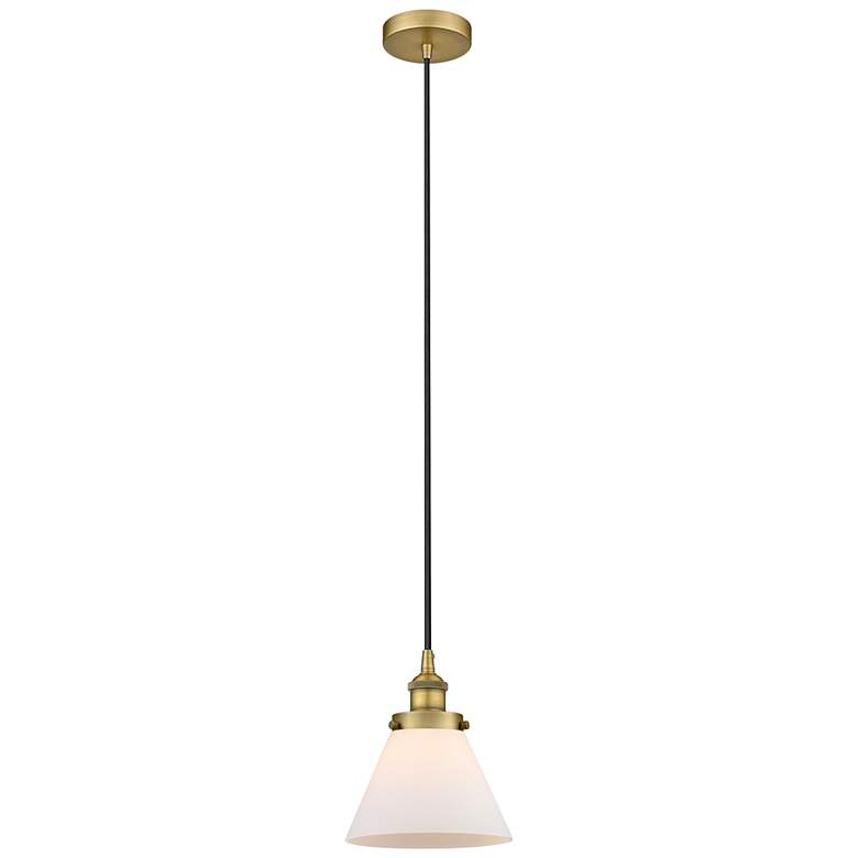 Image 1 Cone 8" Wide Brushed Brass Mini Pendant w/ Matte White Glass