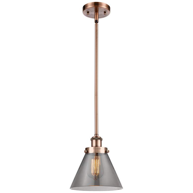 Image 1 Cone 8"W Antique Copper Mini Pendant w/ Light Smoked Glass
