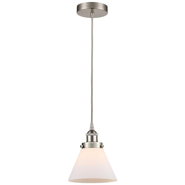 Image 1 Cone 8"W Brushed Satin Nickel Mini and White Glass Pendant