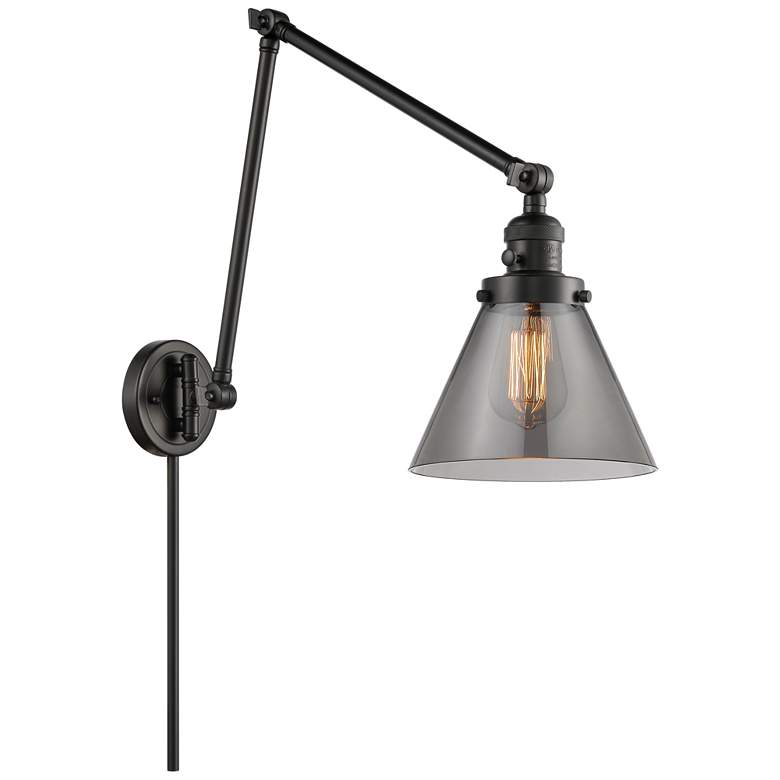 Image 1 Cone Matte Black Swing Arm Wall Lamp with Smoke Glass Shade