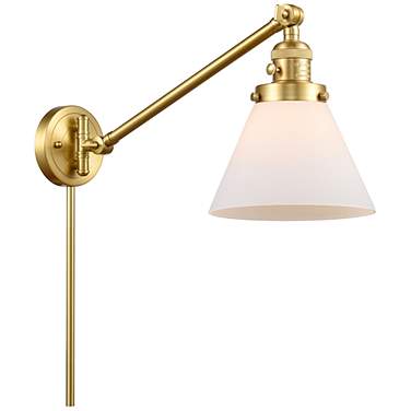 Cone Satin Gold Swing Arm Wall Lamp with White Glass