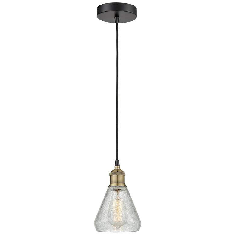 Image 1 Conesus 6 inch Wide Black Brass Corded Mini Pendant With Crackle Shade