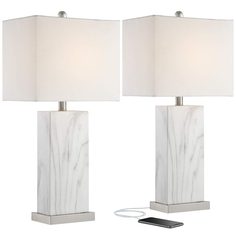 Image 2 Connie White Faux Marble Modern USB Table Lamps Set of 2