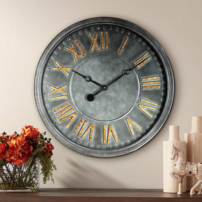 Image 1 Consus 31 1/2" Wide Gray Roman Numeral Metal Wall Clock