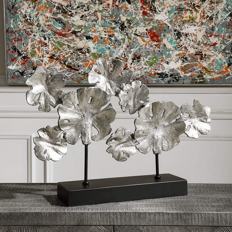 Image 1 Contemporary Lotus 26 inch Wide Silver Leaf Metal Sculpture