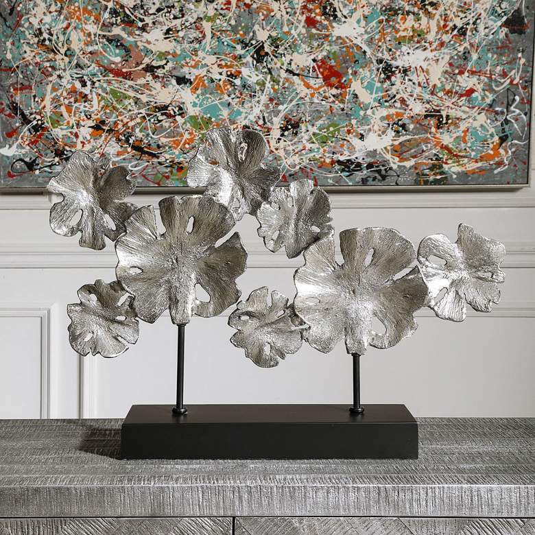Image 6 Contemporary Lotus 26 inch Wide Silver Leaf Metal Sculpture more views