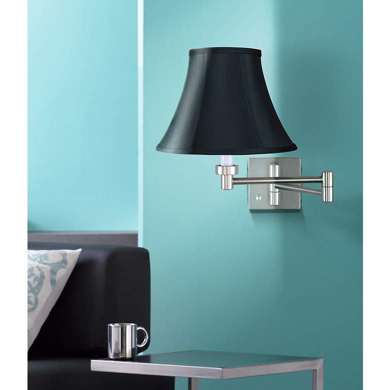 Image 1 Brushed Nickel Black Bell Shade Swing Arm Wall Lamp in scene