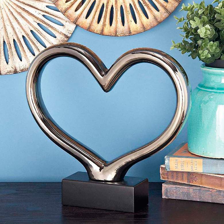 Image 1 Contemporary Silver 13"W Abstract Heart Ceramic Sculpture