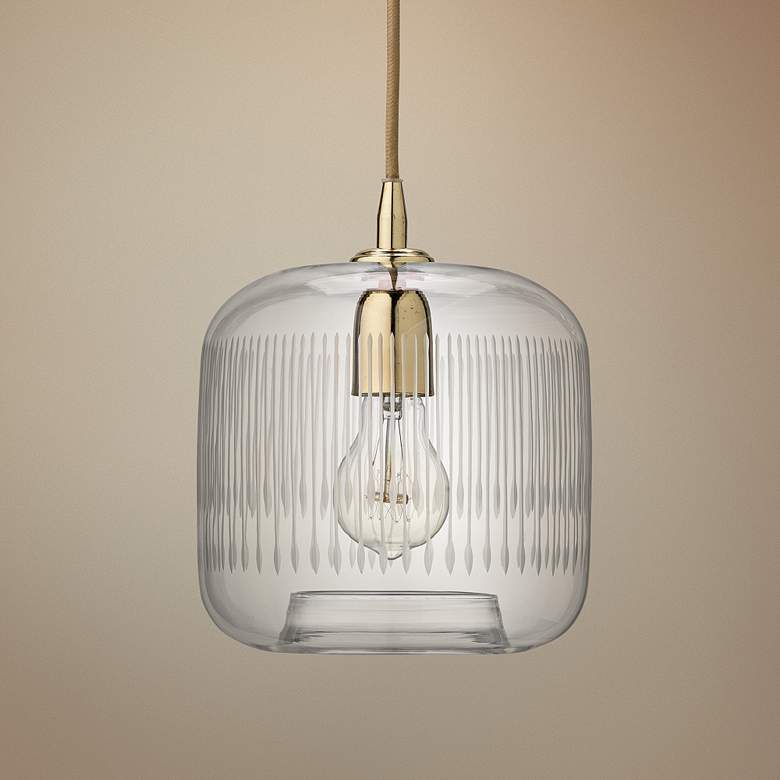 Image 1 Contour 7 1/2" Wide Clear Glass with Brass Mini Pendant
