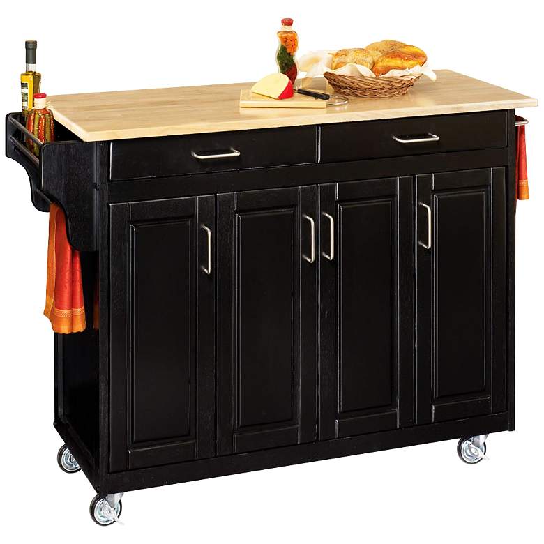 Image 1 Coolidge 4-Door Natural Wood Top Black Kitchen Cart