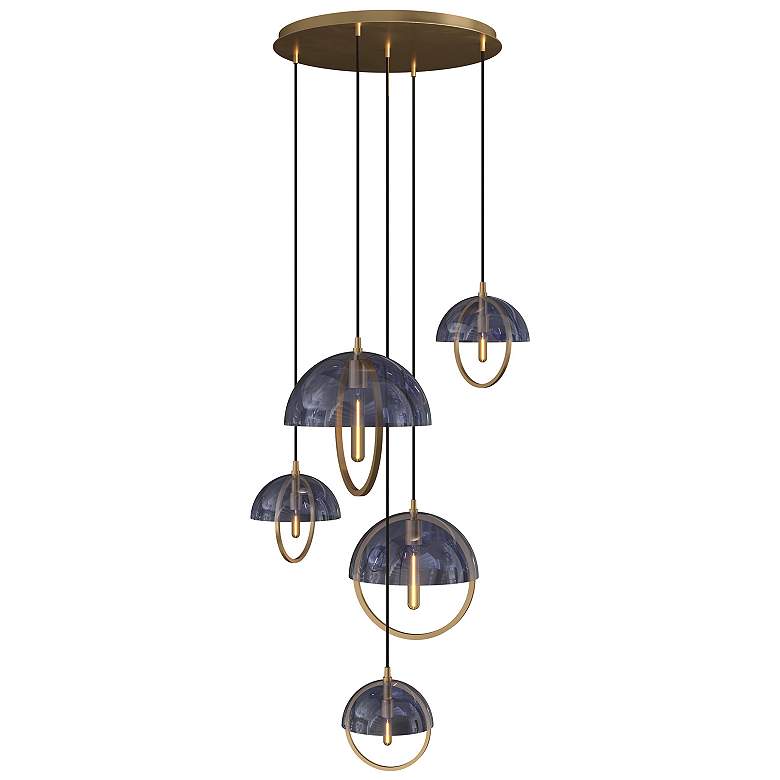 Image 1 Copernica 30"W 5 Light Lacquer Brass And Smoke Pendant w/ Smoked Shade