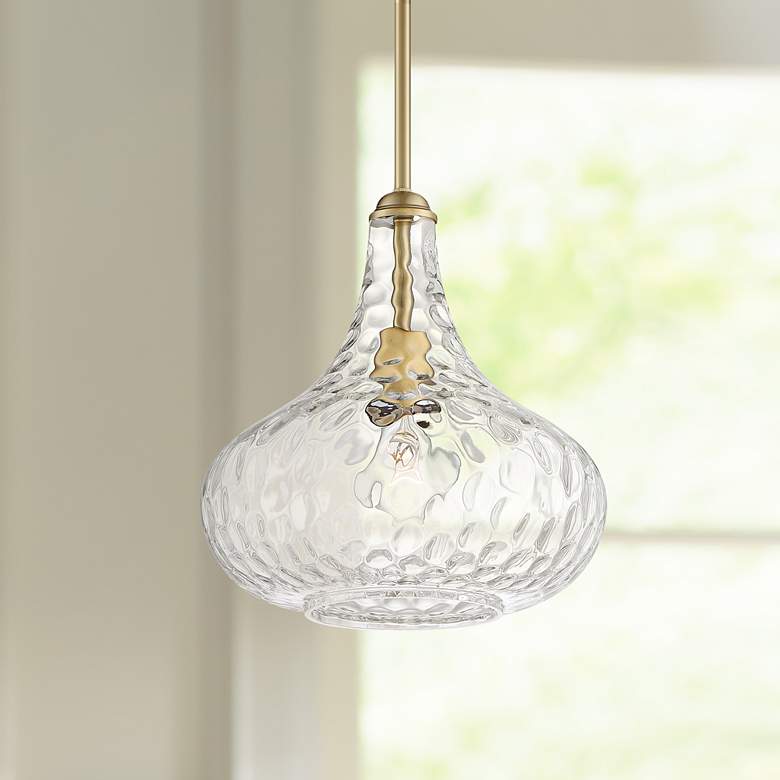 Cora 11&quot; Wide Plated Gold Hammered Glass Mini Pendant