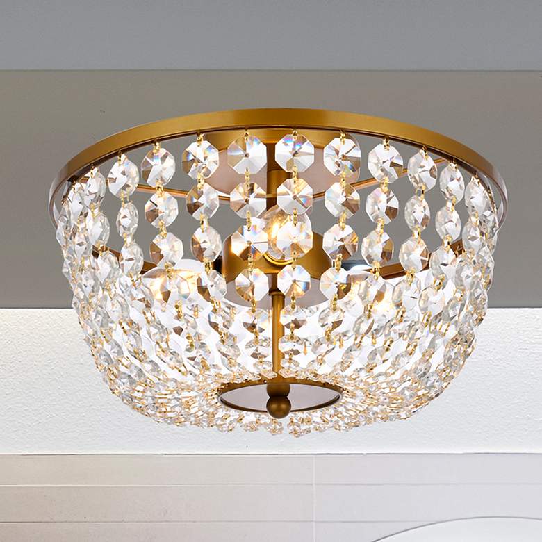 Image 1 Cora 13" Wide Brass and Crystal 3-Light Ceiling Light