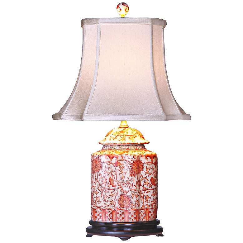 Image 2 Coral Floral and White 23 inch High Scalloped Tea Jar Porcelain Table Lamp