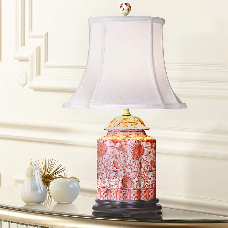 Image 1 Coral Floral and White 23 inch High Scalloped Tea Jar Porcelain Table Lamp