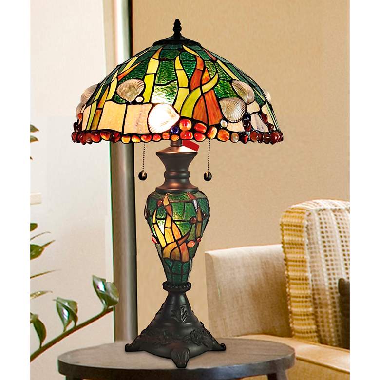 Image 1 Coral Seashells Black Tiffany Table Lamp with Night Light