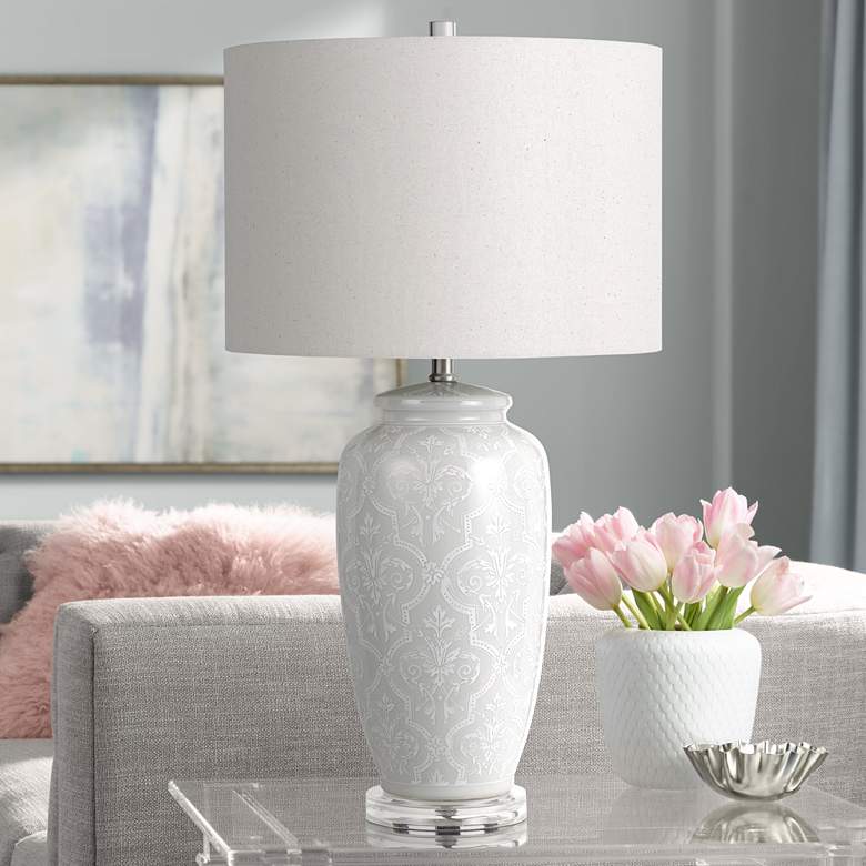 Image 1 Corato Pearly White Ceramic Floral Jar Table Lamp