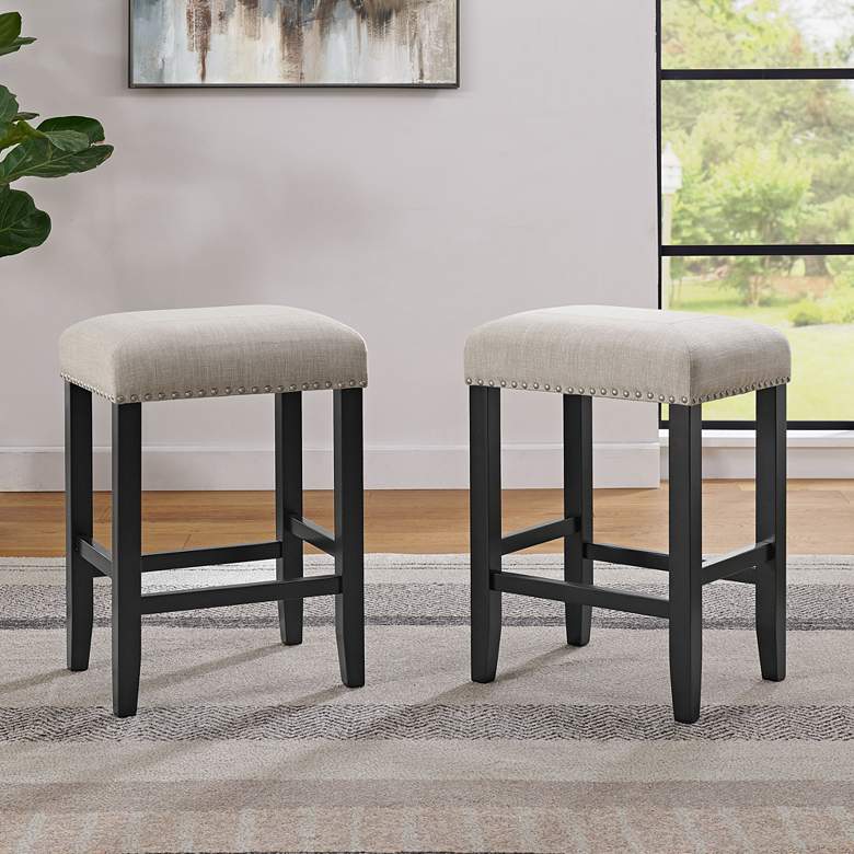 Image 1 Cordero 25 inch High Black and Oatmeal Fabric Counter Stool Set of 2