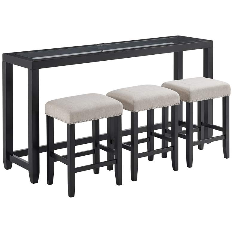 Image 2 Cordero 72 inch Wide Black and Glass Bar Console Table with 3 Stools