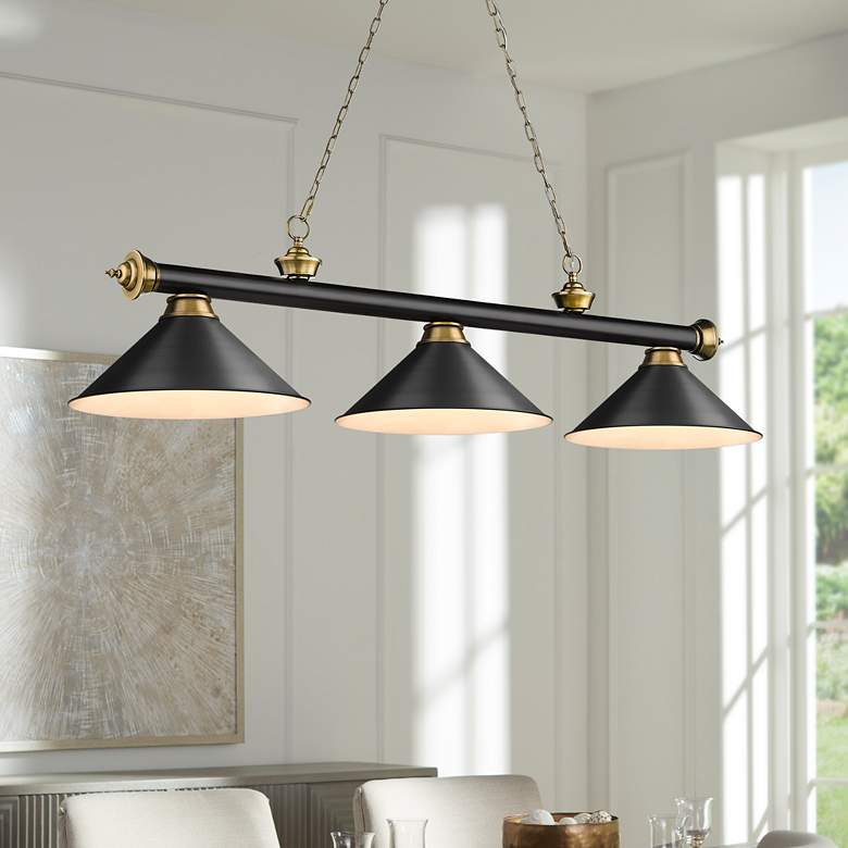 Image 1 Cordon 57 1/4" Wide Black Brass 3-Light Billiard Pendant