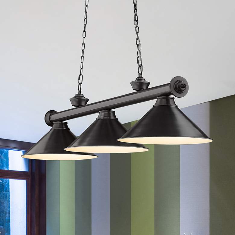 Image 1 Cordon 57 1/4" Wide Bronze Plate 3-Light Billiard Pendant