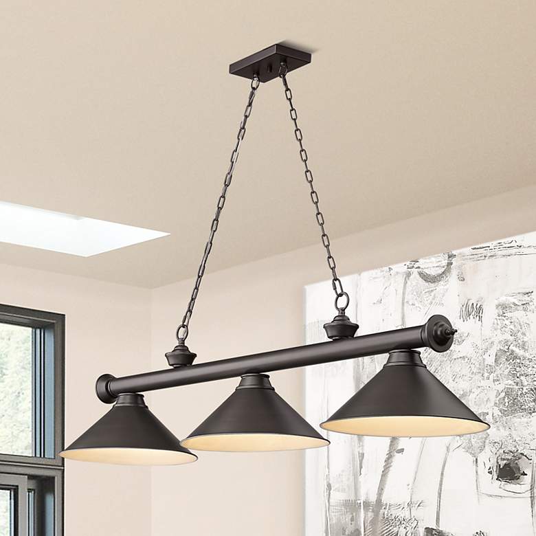 Image 1 Cordon 57 1/4" Wide Bronze Plate 3-Light Billiard Pendant