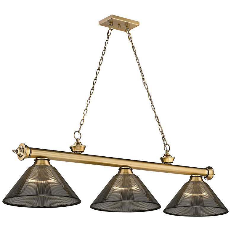 Image 3 Cordon 57 1/4" Wide Rubbed Brass 3-Light Billiard Pendant